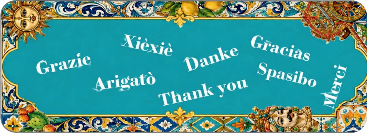 Il retro del cartellino: grazie in tante lingue
